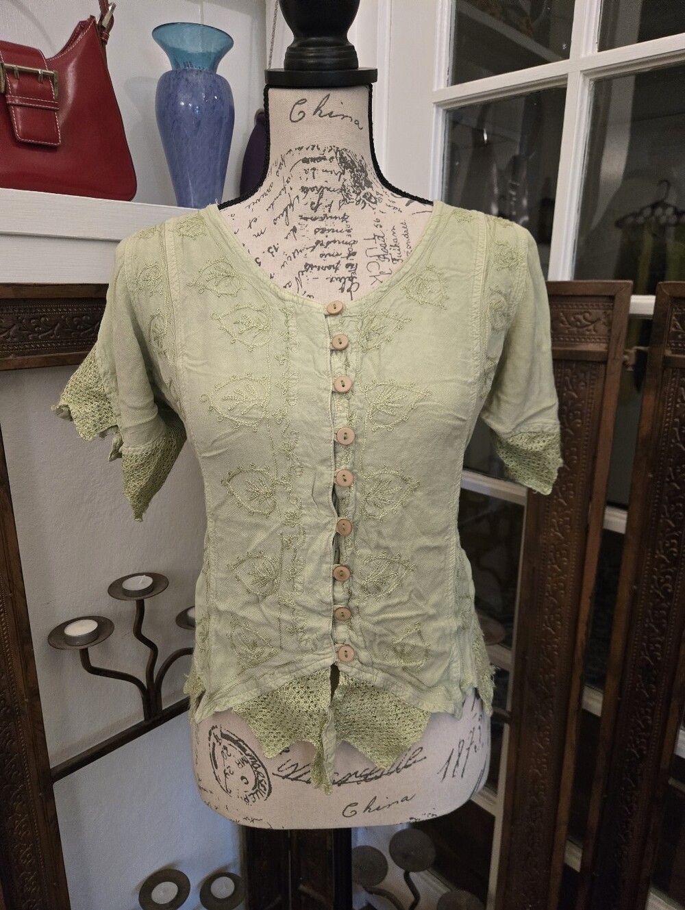 3 For $20: Kirat Mint Green Cropped Embroidered Blouse, Sz M
